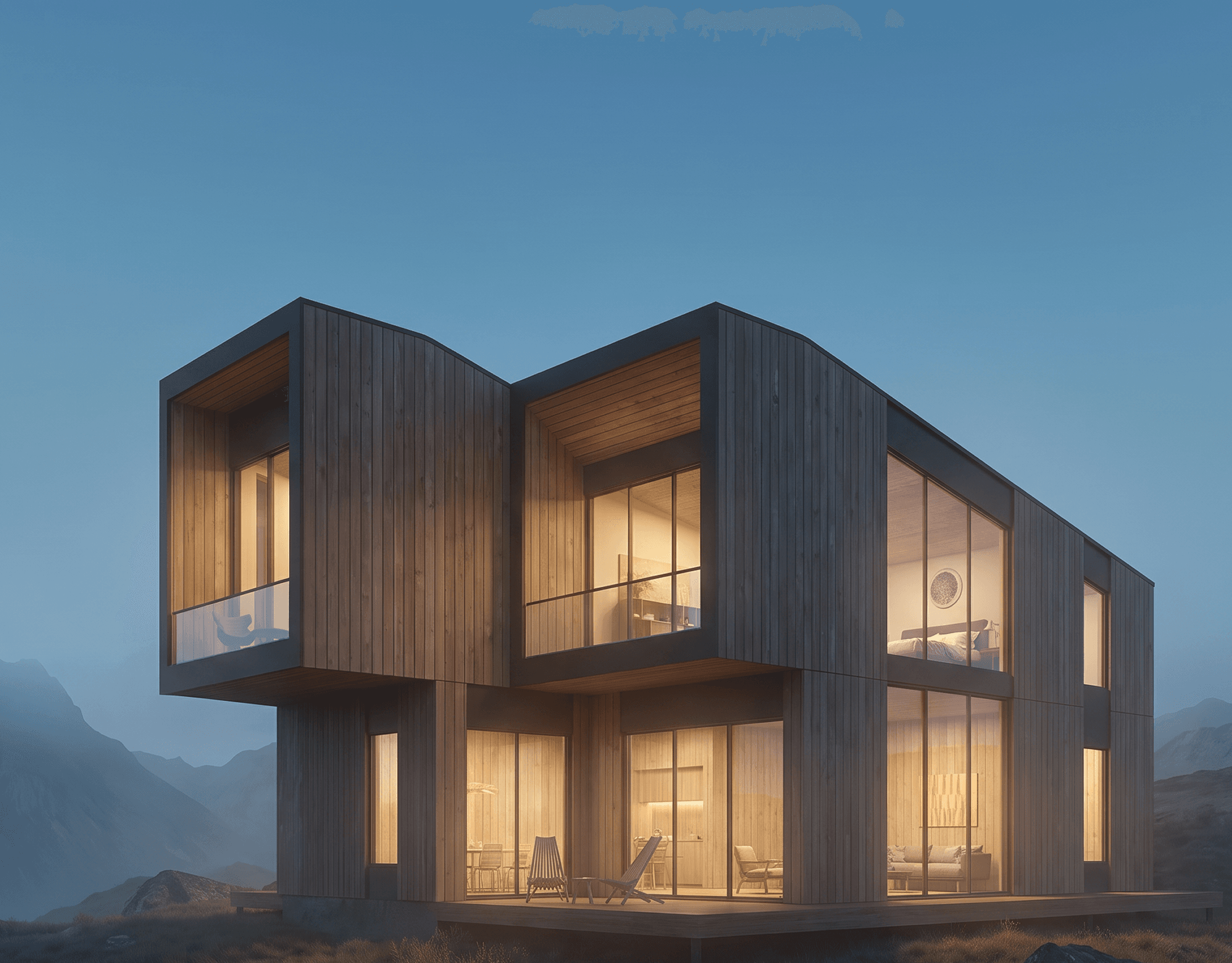 Close view of the cedar-clad facade and terrace at dusk.