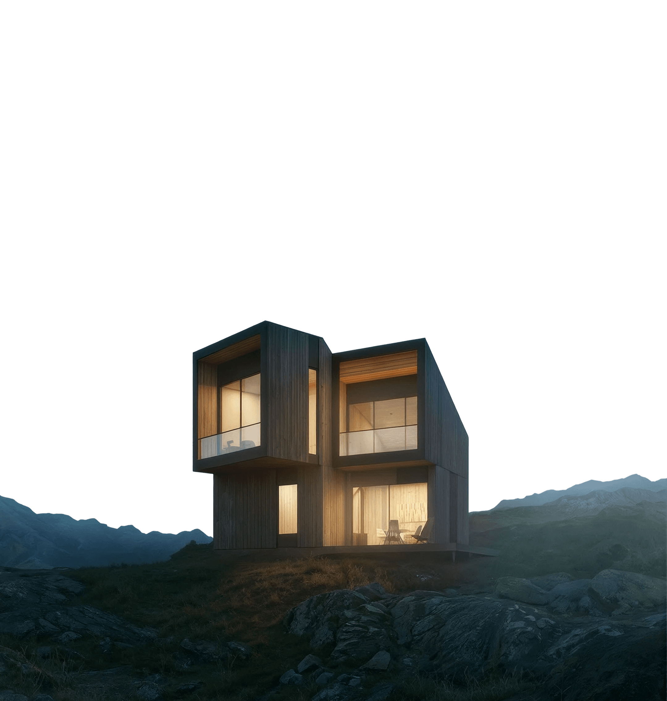 The house lit from within at dusk, standing alone on a rocky mountain slope.